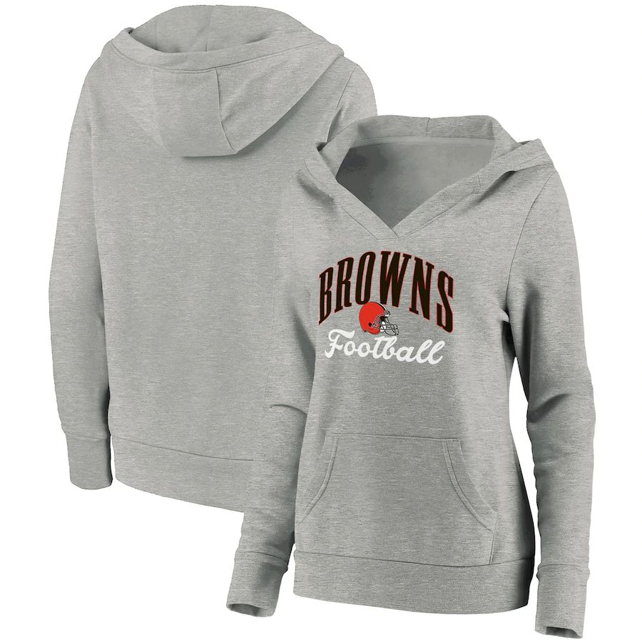 Women Cleveland Browns NFL Pro Line by Fanatics Branded Heathered Gray Team Victory Script Crossover V-Neck Pullover Hoodie->women nfl jersey->Women Jersey